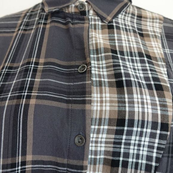 J.Jill Long Multi Plaid Button Down Blouse Tan Black White Size Medium Petite - Picture 11 of 14